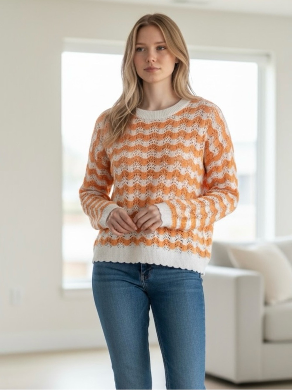 LOFT Orange & White Wavy Chevron Stripe Pointelle Open Knit Crewneck Sweater M